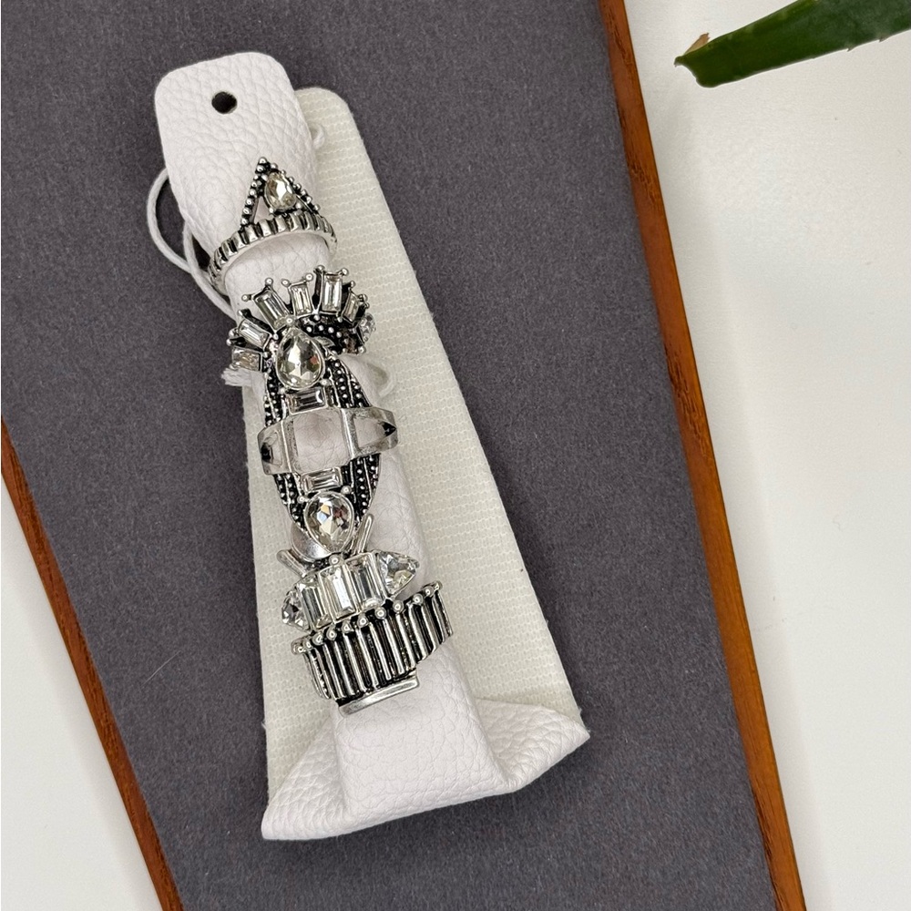 NWT Free People Rhapsody Silver Rhinestone Statement Ring Set Art Deco Stack - Picture 2 of 11